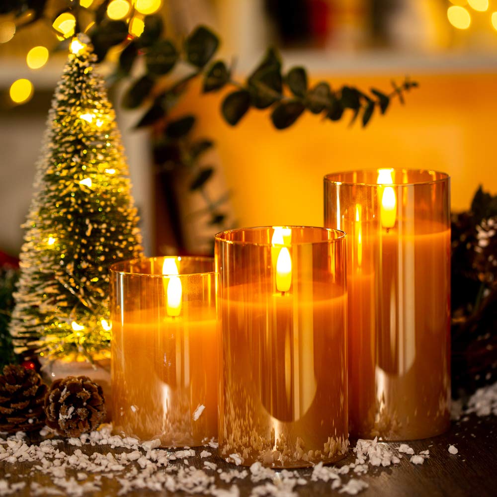 Bemotion Golden LED Flameless Candles - 3 Pack Battery Operated Glass Candles with Remote Control, Real Wax Decorative Fake Candles for Dining Table Centerpiece, Wedding, Christmas Decor & Home Lighting
