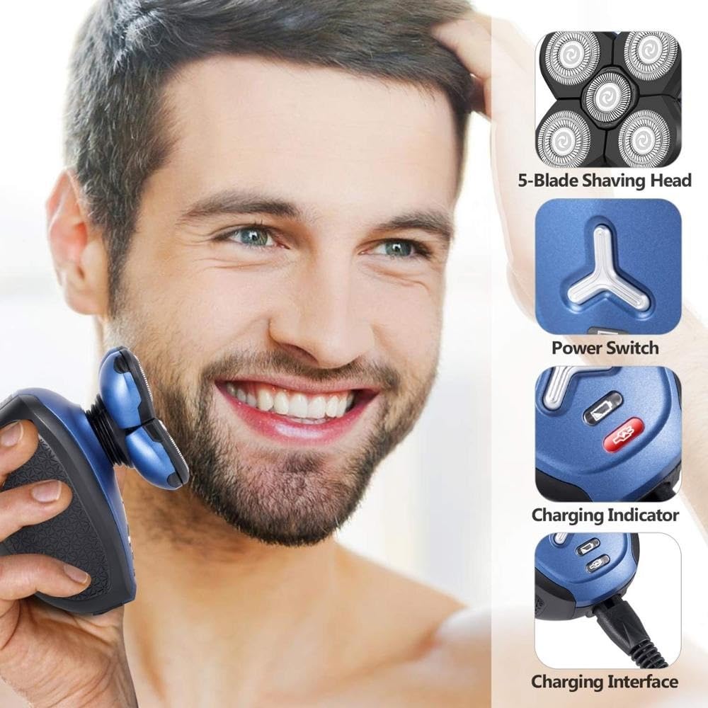 5-in-1 Electric Head Shaver for Men - Rechargeable Wet/Dry Beard Trimmer & Facial Razor | Perfect for Bald Head Shaving, Travel & Daily Grooming