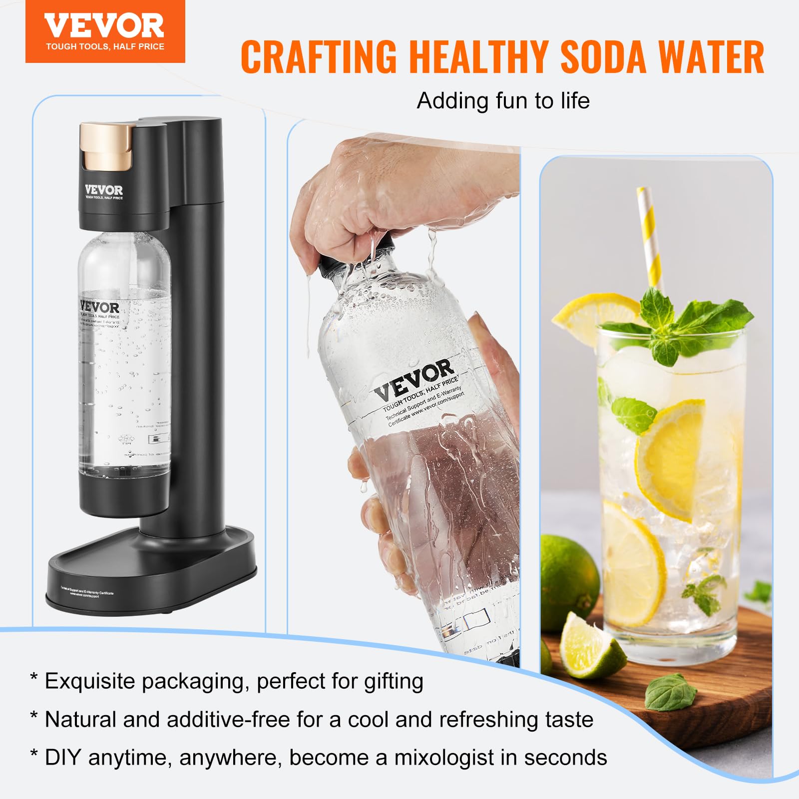 VEVOR Sparkling Water Maker - Home Soda Machine with 2 BPA-Free 1L Bottles & 2 CO2 Cylinders (60L Compatible) | Make Carbonated Drinks for Parties, Healthy Hydration & DIY Sodas
