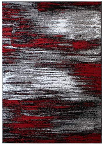 Large Modern Abstract Red Grey Black Area Rug 5’3”x7’5” - Soft Living Room Rug, Office & Kitchen Carpet - Perfect for Home Decor, Workspace & Dining Areas