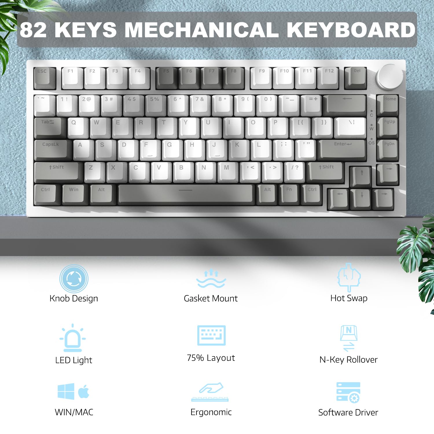 ATTACK SHARK X Ajazz AK820 75% Hot-Swappable Mechanical Gaming Keyboard with Rotary Knob for PC/Mac Gamers