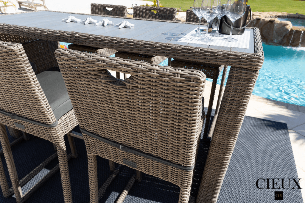Riviera Outdoor Patio Wicker Bar Table and 6 Chairs Set - Grey Rattan Furniture with Sunbrella Canvas Charcoal Cushions - Perfect for Backyard, Poolside, and Garden Dining