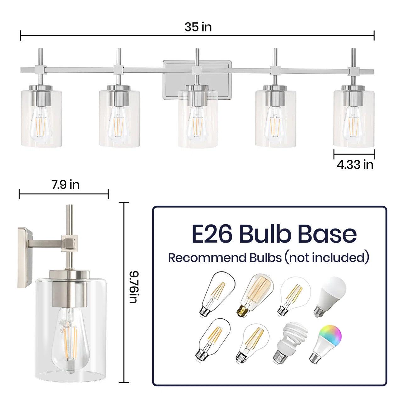 Jasper Modern 5-Light Bathroom Vanity Light Fixture - Brushed Nickel & Black with Clear Glass Shades - Perfect for Bathroom, Powder Room, and Dressing Room Lighting