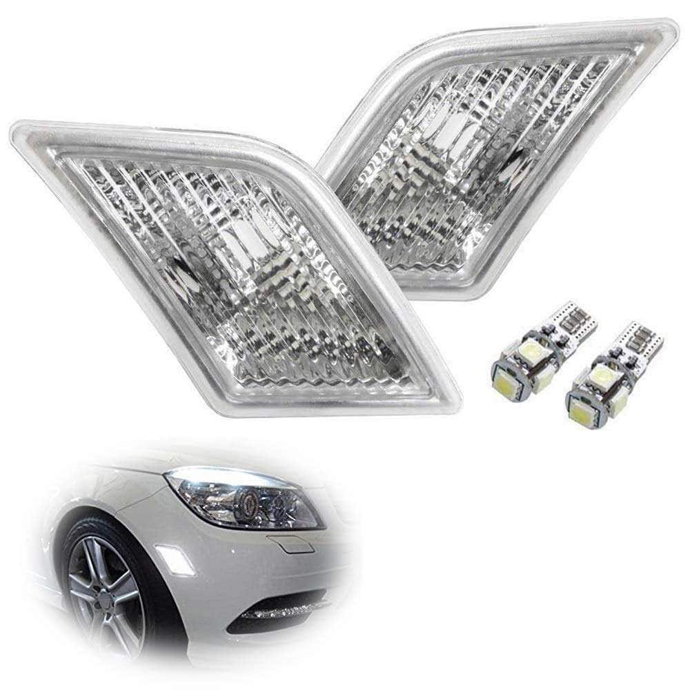 Euro Clear Lens White LED Bulb Front Side Marker Light Kit for 2008-2011 Mercedes C-Class W204 (Pre-LCI C250 C300 C350) & 2008-2013 C63 AMG - Direct Replacement for OEM Amber Side Marker - Upgrade Your Car's Style & Visibility for Night Driving