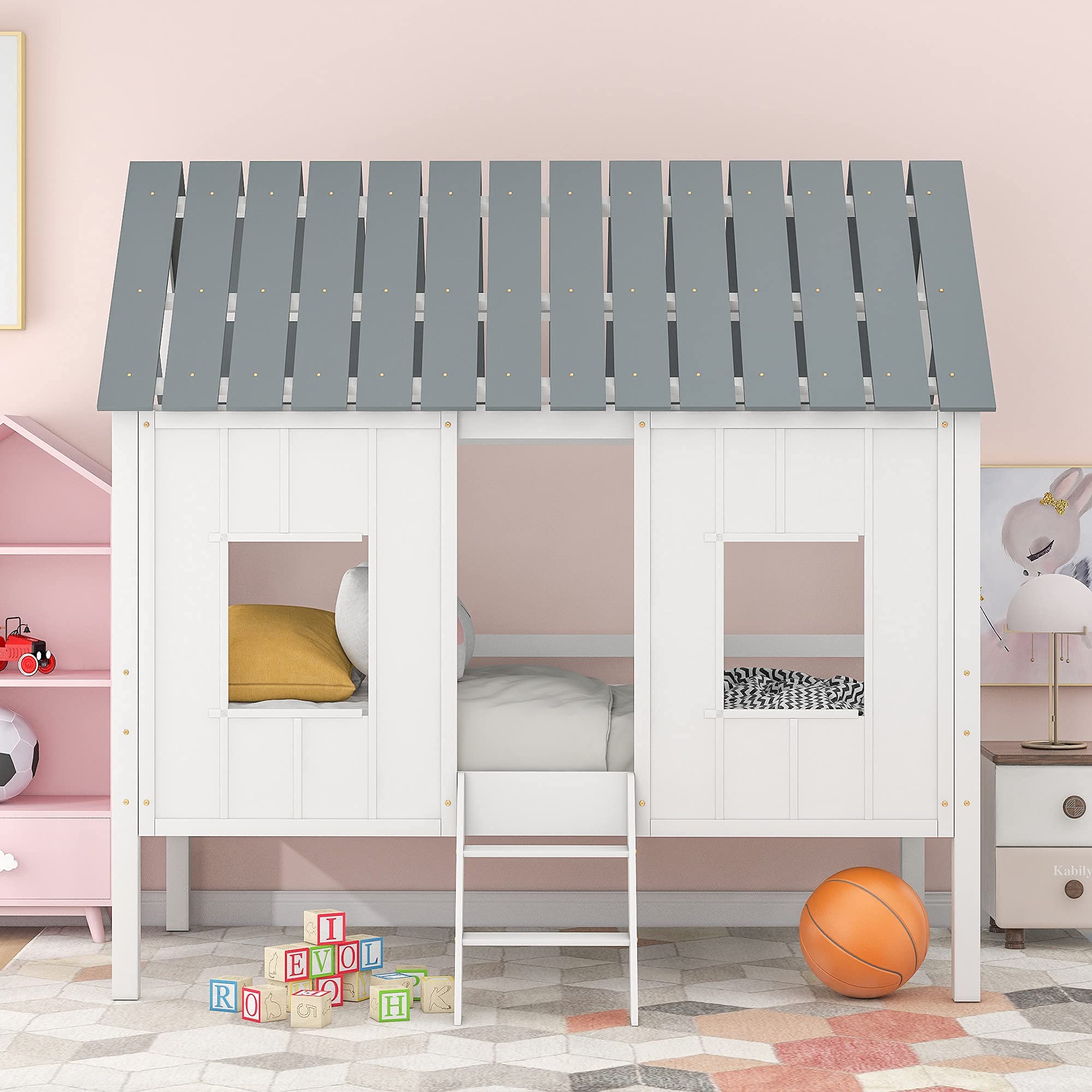 Wooden Bunk Bed with Roof, Window & Guardrail - Kids Loft Bed with Ladder for Toddlers & Teens | Easy Assembly Wood House Bed for Bedrooms, Playrooms & Dorm Rooms