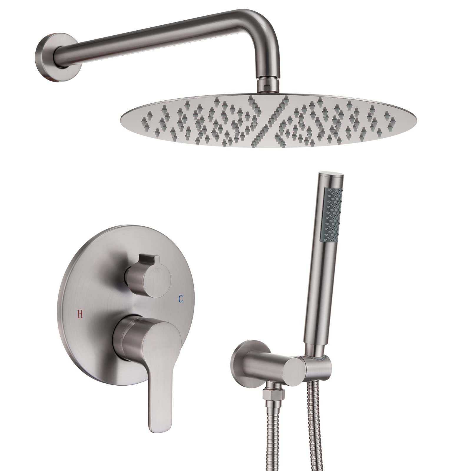 Brushed Nickel Wall Mounted Shower System - 10 Inch Rainfall Shower Head with Handheld Sprayer, Pressure Balance Valve & Mixer Trim Kit for Bathroom | Perfect for Modern Home, Spa-Like Shower Experience & Water Saving