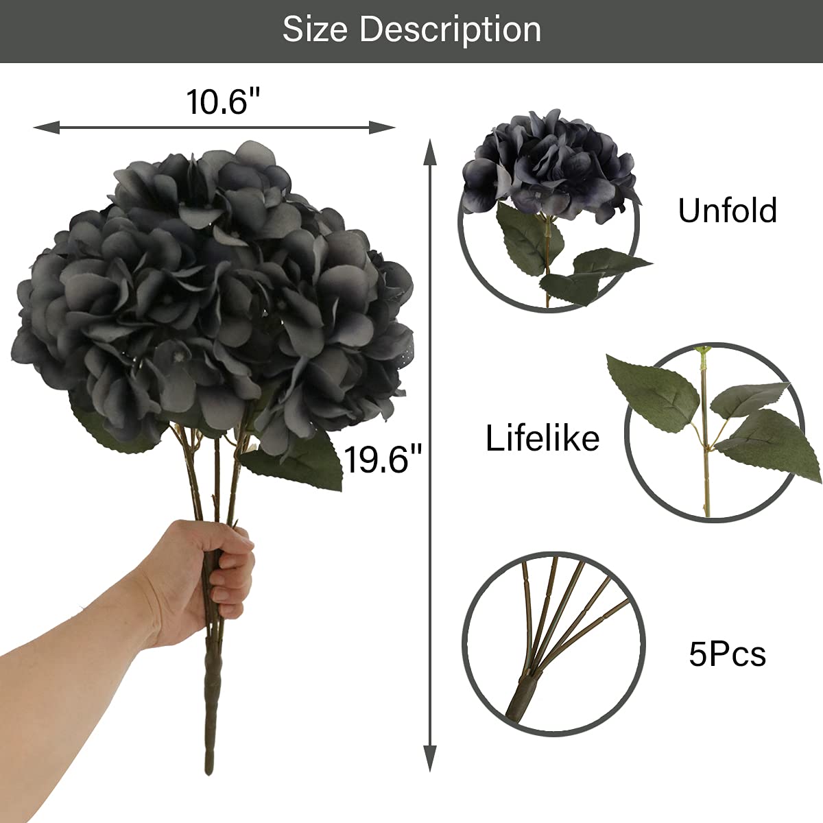 Premium Artificial Silk Hydrangea Flowers - 5 Large Head Fake Flower Bouquet for Home Decor, Wedding Centerpieces, Party Arrangements & DIY Crafts (Elegant Grey) - Perfect for Table Centerpieces, Vase Displays, and Event Decorations
