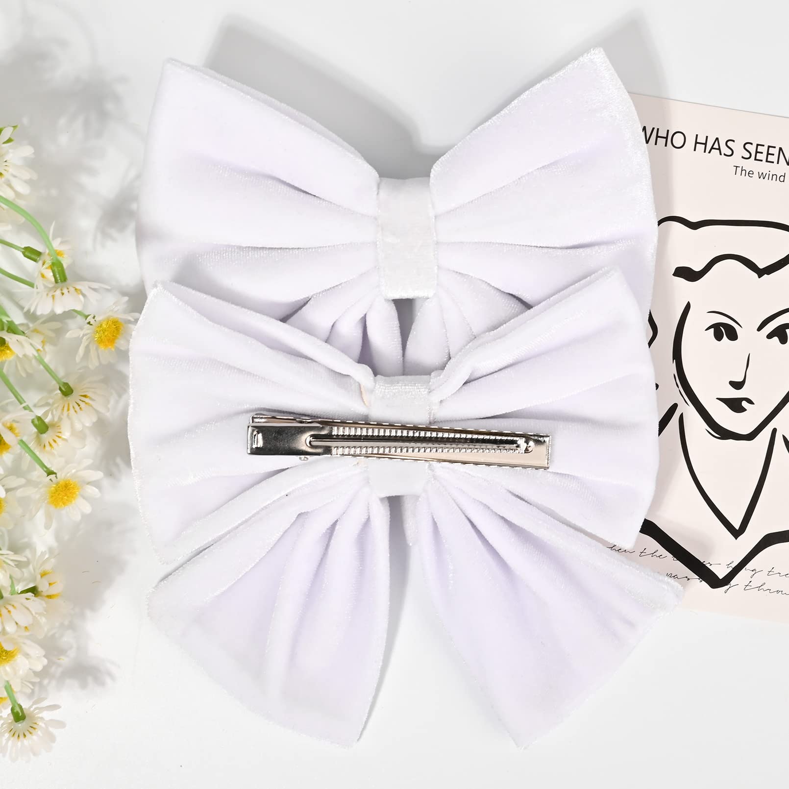 6 Inch Velvet Hair Bows for Girls - 2PCS Big White Fall Hair Clips with Alligator Clips - Toddler, Kids & Teens Hair Accessories for School, Parties & Special Occasions