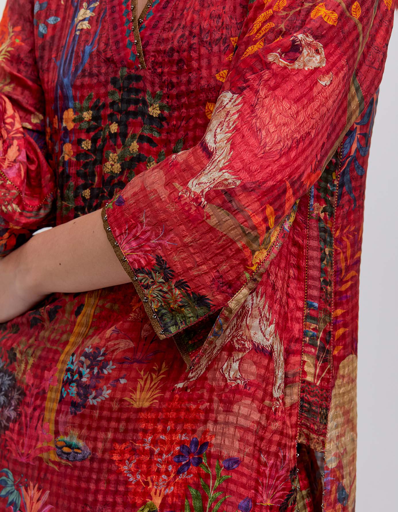 Elegant Damini Kurta in Silk Check Crimson - Traditional Indian Wear for Festivals, Weddings & Special Occasions