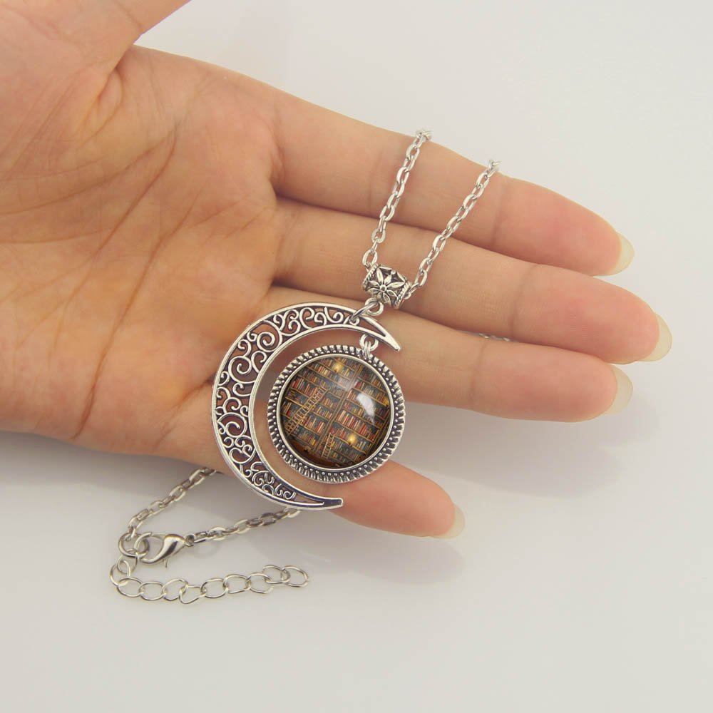 Vintage Moon and Books Pendant Necklace for Women - Book Lover Jewelry Gift - Perfect for Reading, Library Visits and Literary Events