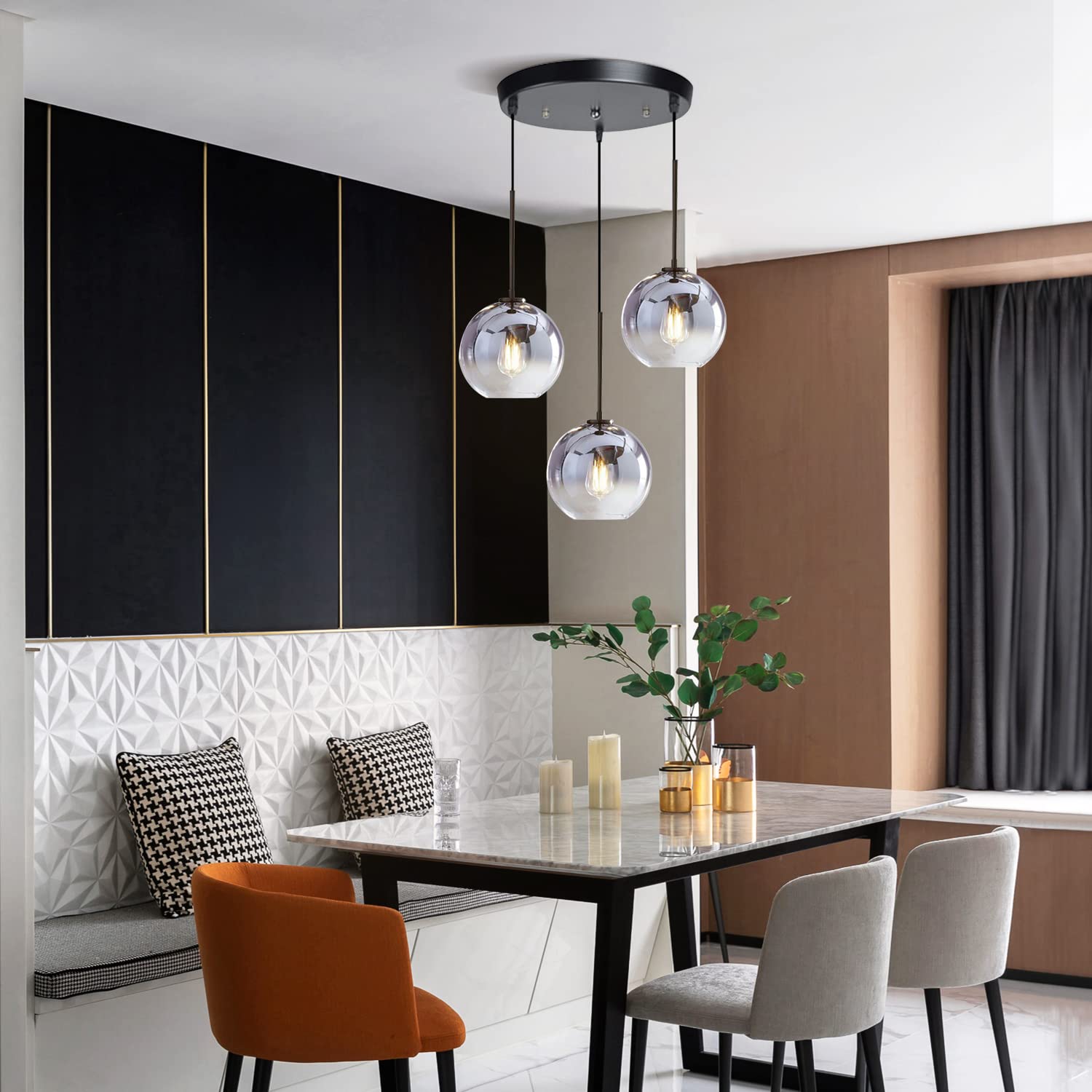 KCO Lighting 3-Pendant Modern Ceiling Chandelier - Large Glass Cluster Fixture with Nordic Mercury Glass Design | Perfect for Dining Room, Living Room & Bedroom Lighting