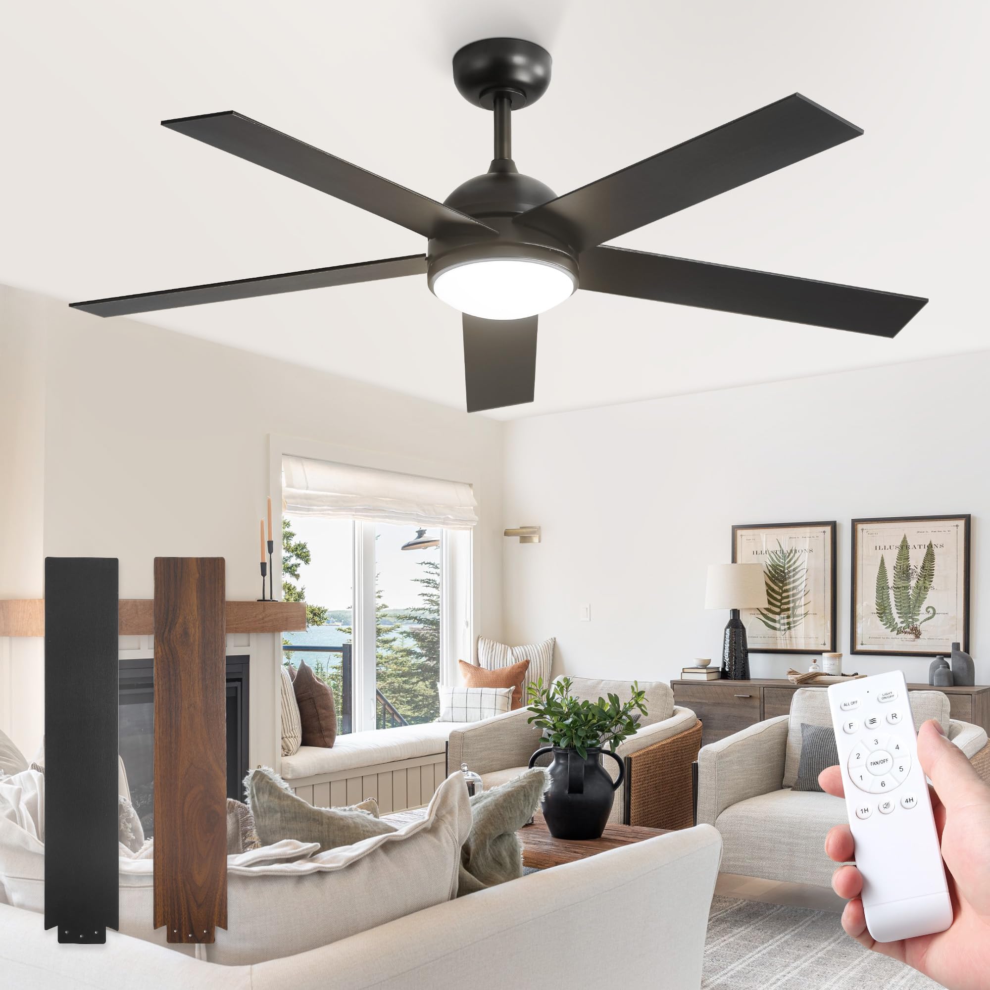 52 Inch Modern Black Ceiling Fan with Light and Remote Control - Industrial Farmhouse Style LED Ceiling Fan for Bedroom, Living Room, Kitchen - Energy Efficient Cooling & Lighting Solution for Indoor Spaces