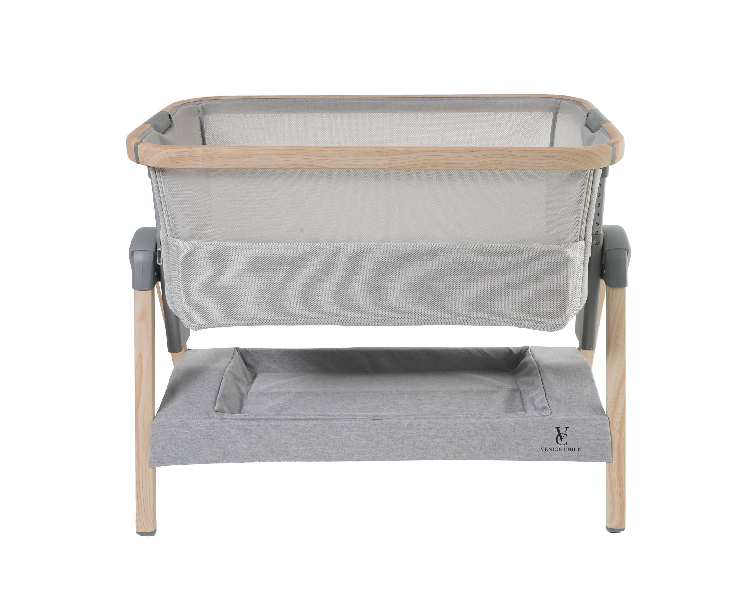 Venice Child California Dreaming Portable Baby Bassinet with Travel Case - Adjustable Height, Removable Bamboo Mattress & Sheet, Easy to Clean (Grey) - Perfect for Nursery, Bedside Co-Sleeping & Travel