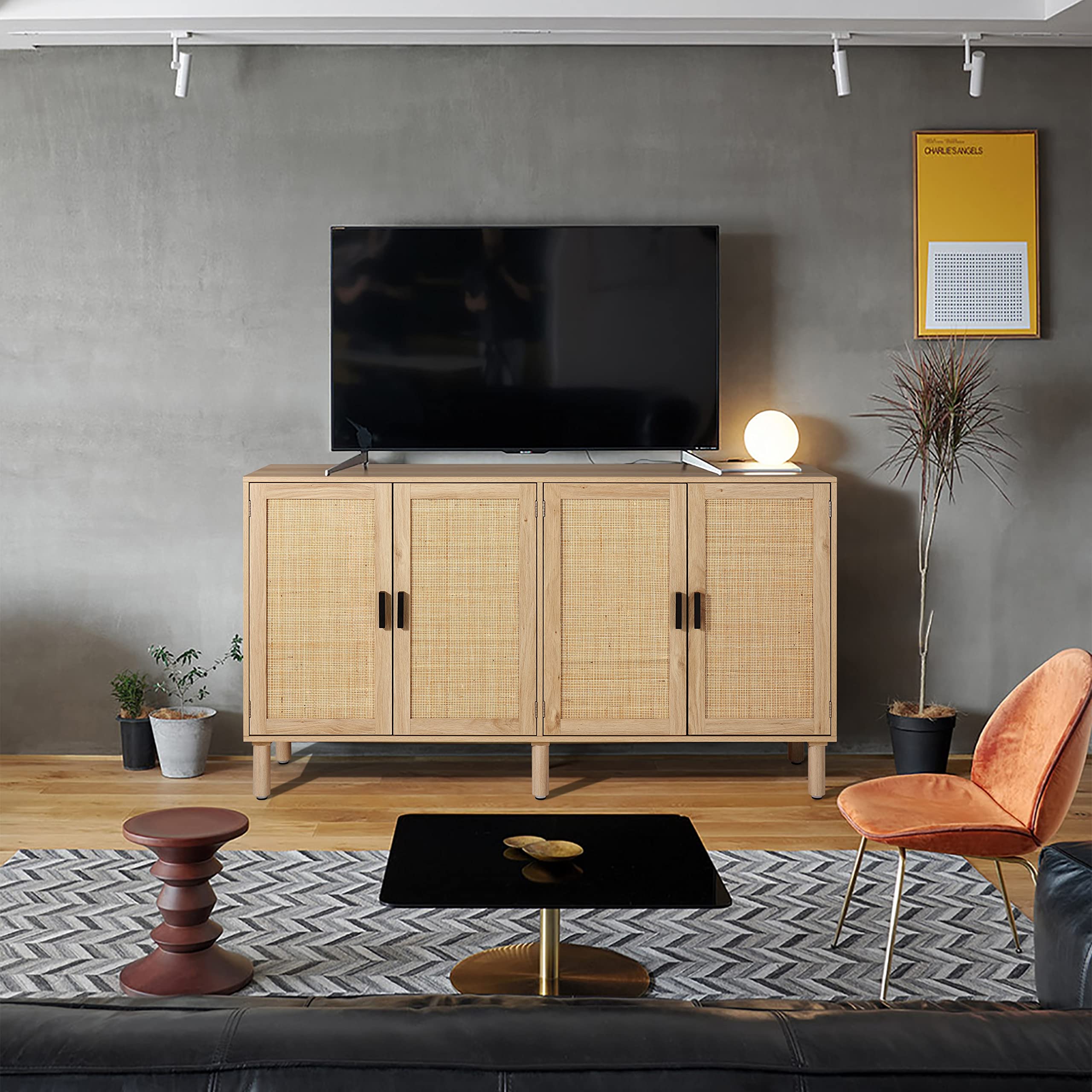 Finnhomy 4-Door Sideboard Buffet Cabinet with Rattan Doors - 62.3