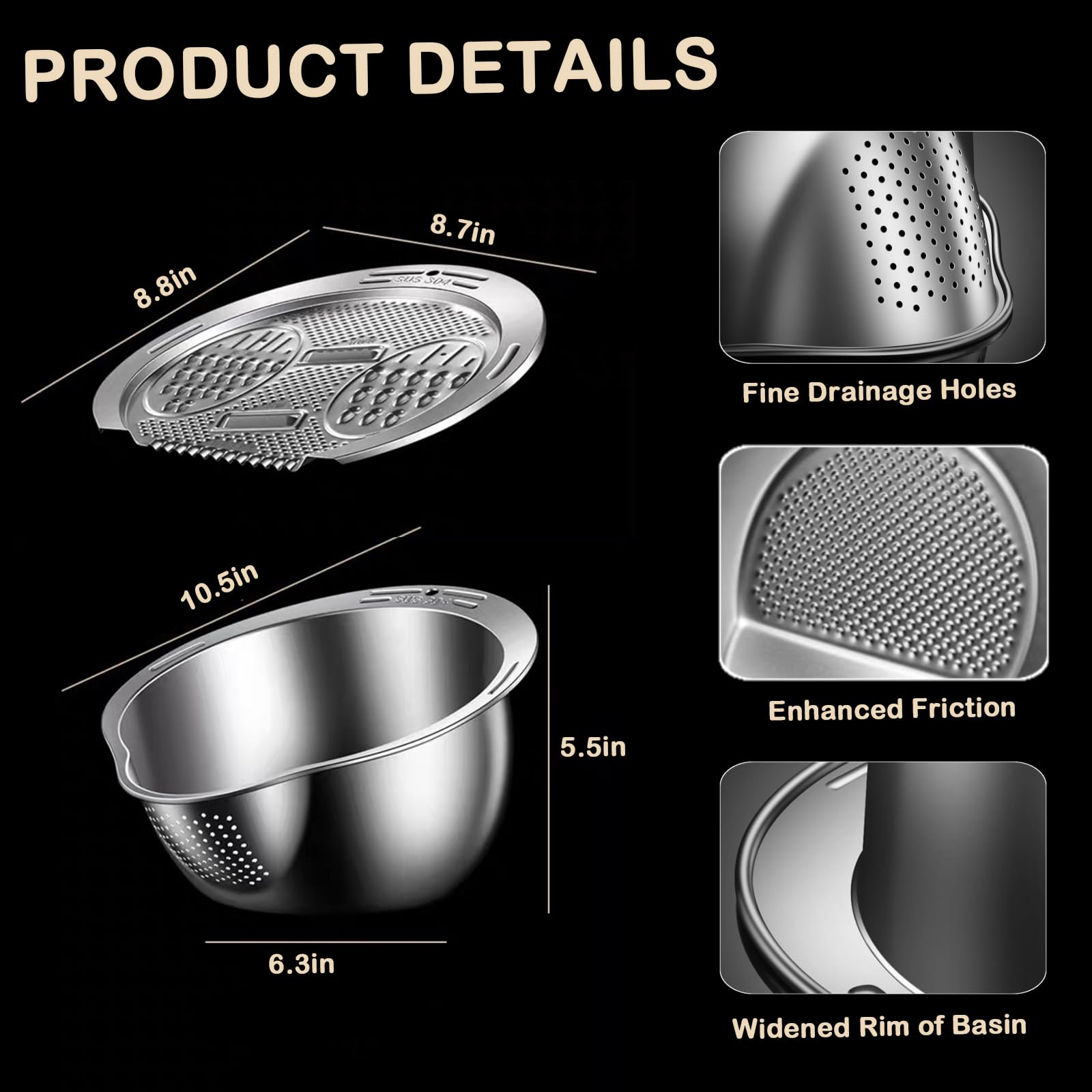 Stainless Steel Rice Washer Strainer Bowl with Grater - Multi-Purpose Colander with Side Drainer for Cleaning Rice, Quinoa, Fruits, Vegetables & Beans | Perfect for Kitchen, Cooking, Meal Prep & Healthy Eating