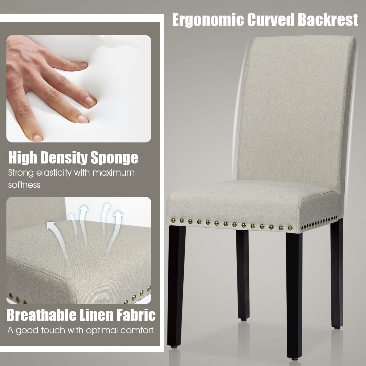 KOTEK Set of 2 Modern Upholstered Armless Dining Chairs with Rubber Wood Legs & Nailhead Trim - High Back Parsons Chairs for Kitchen, Dining Room, Living Room - Perfect for Small Spaces & Entertaining Guests (Beige)
