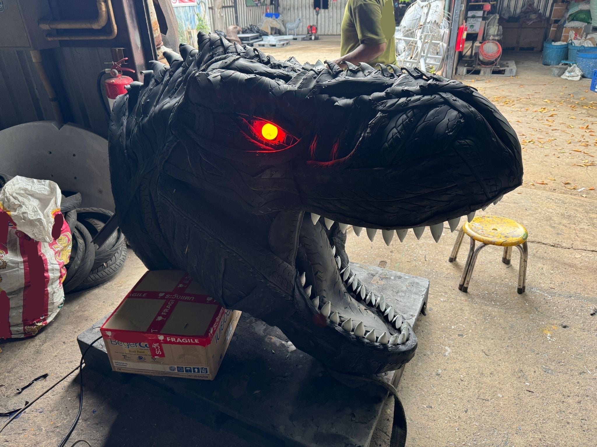 18ft T Rex Tire Art Sculpture - Dinosaur Garden Decor for Outdoor & Indoor Use - Perfect for Backyard, Park, or Museum Display