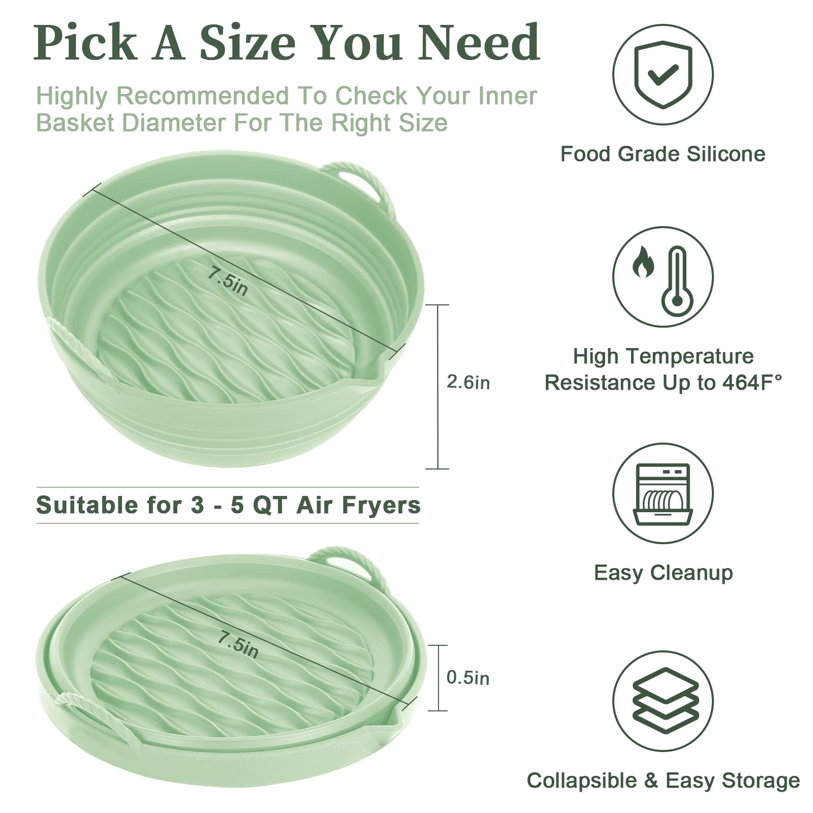 **Non-Stick Silicone Air Fryer Liners 7.5 Inch (2-Pack) – Reusable, Heat-Resistant Basket for 3-5 Qt Air Fryers – Includes Magnetic Cheat Sheet (Red & Green) – Perfect for Healthy Cooking, Meal Prep & Easy Cleanup**