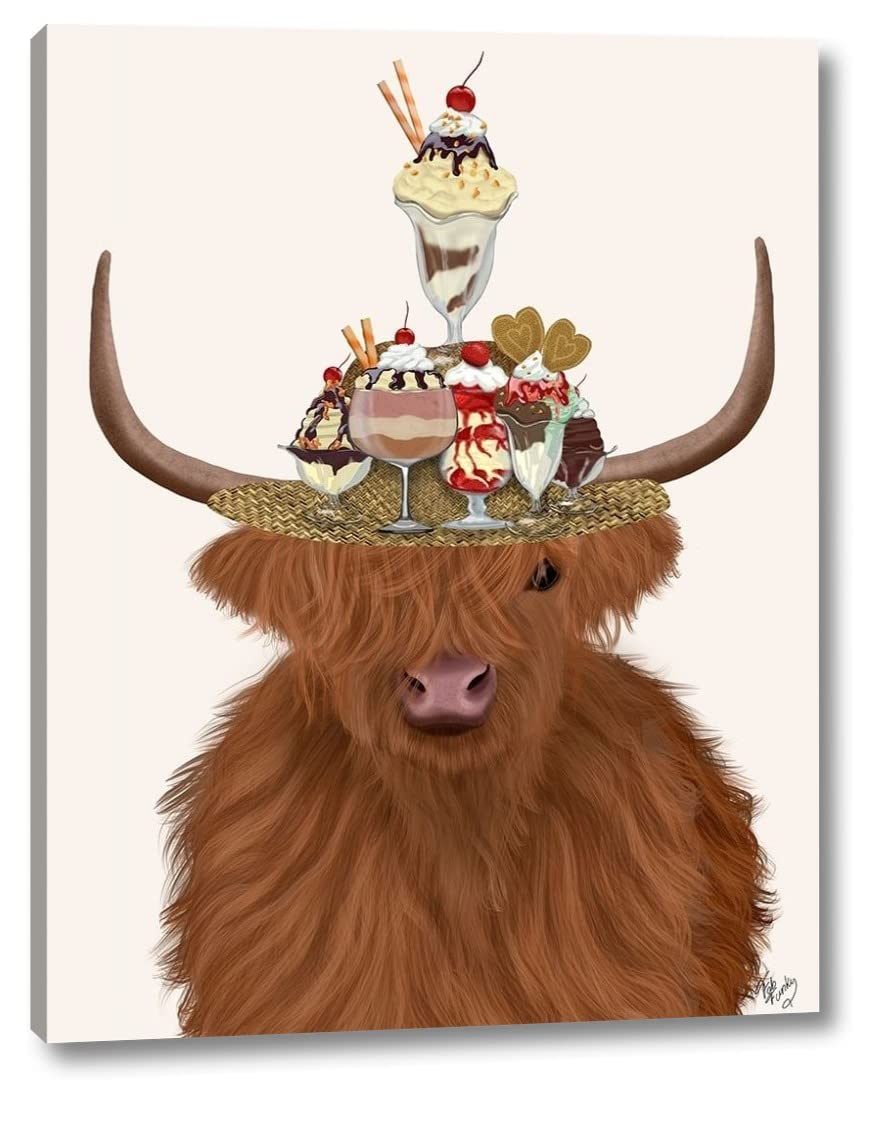 Highland Cow and Ice Cream Canvas Art Print - 24x30 Inch Gallery Wrapped Wall Decor - Ready to Hang - Perfect for Nursery, Kids Room, and Farmhouse Decor