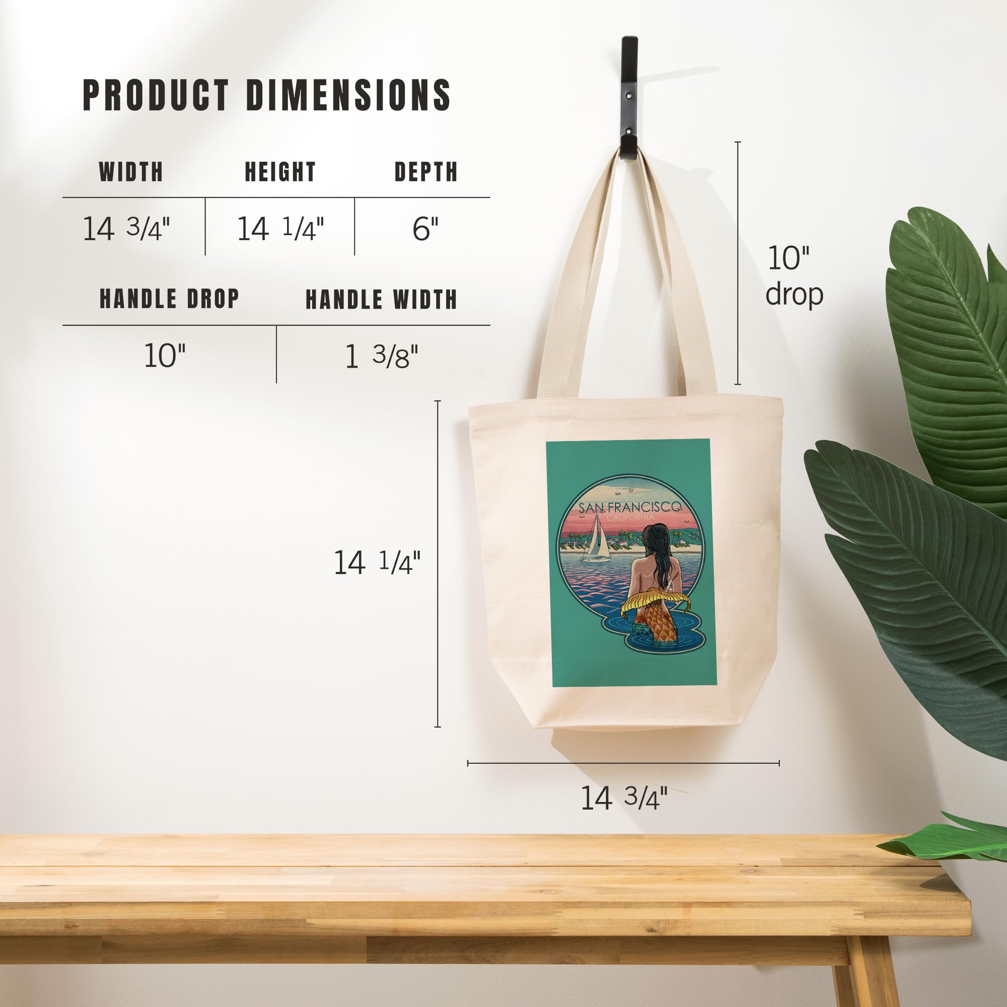 Lantern Press San Francisco California Mermaid Beach Woodblock Print - 100% Cotton Canvas Reusable Tote Bag for Shopping, Beach Trips & Eco-Friendly Lifestyle
