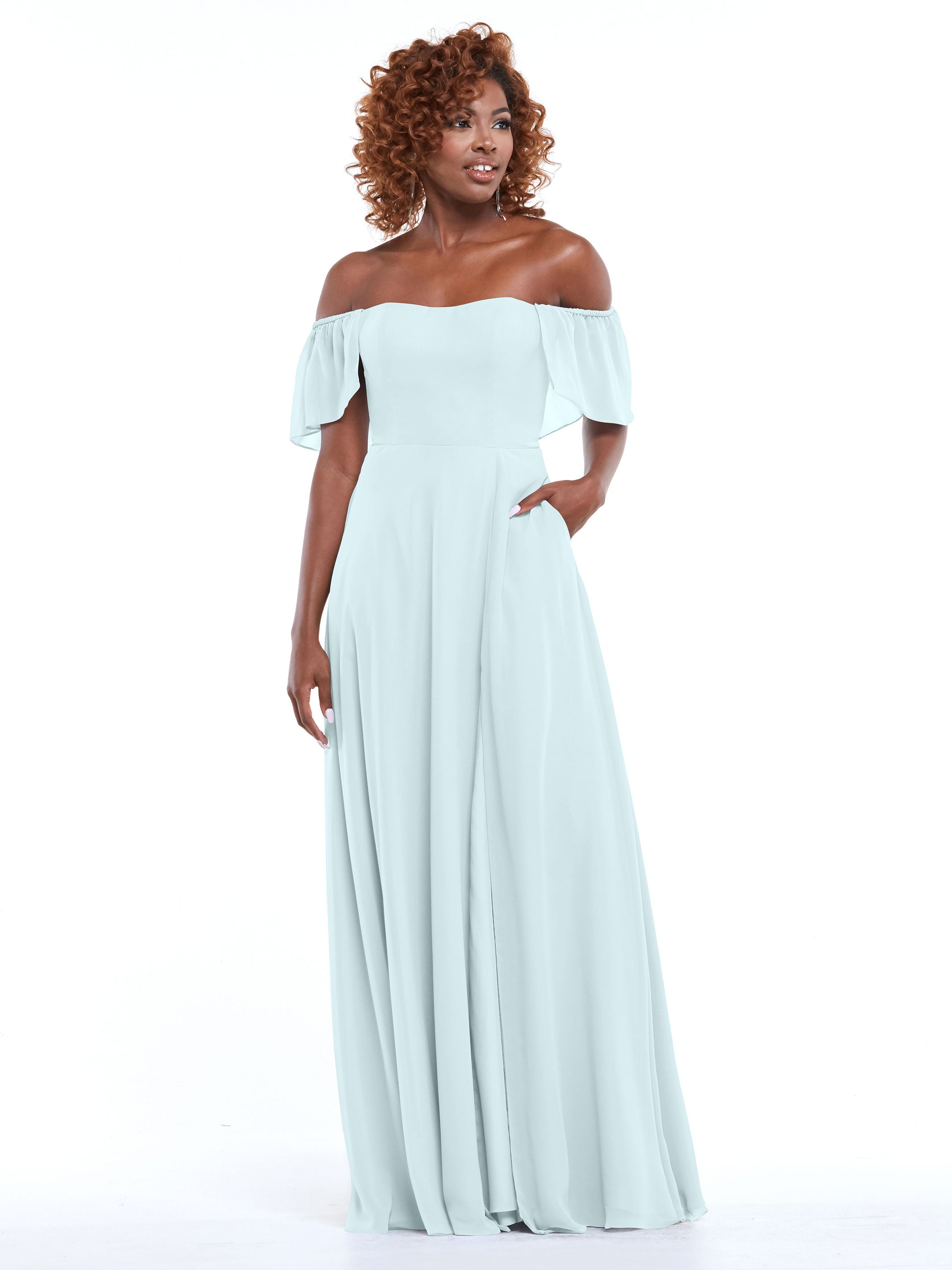 Elegant A-Line Off-The-Shoulder Chiffon Bridesmaid Dress with Pockets - Perfect for Weddings, Parties & Formal Events (Style: ALT2)