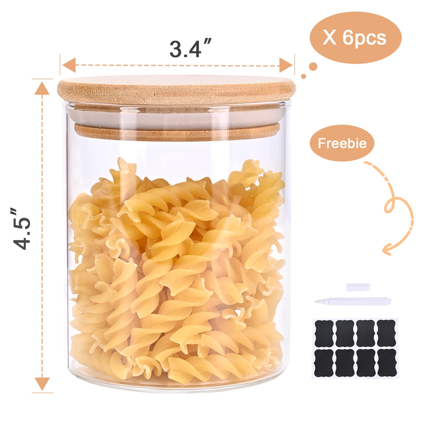 16 oz Glass Jars with Bamboo Lids - Airtight Food Storage Containers for Pantry & Kitchen - Perfect for Herbs, Sugar, Cookies, Candy & Spices (Set of 6) - Ideal for Home Organization & Gift Giving
