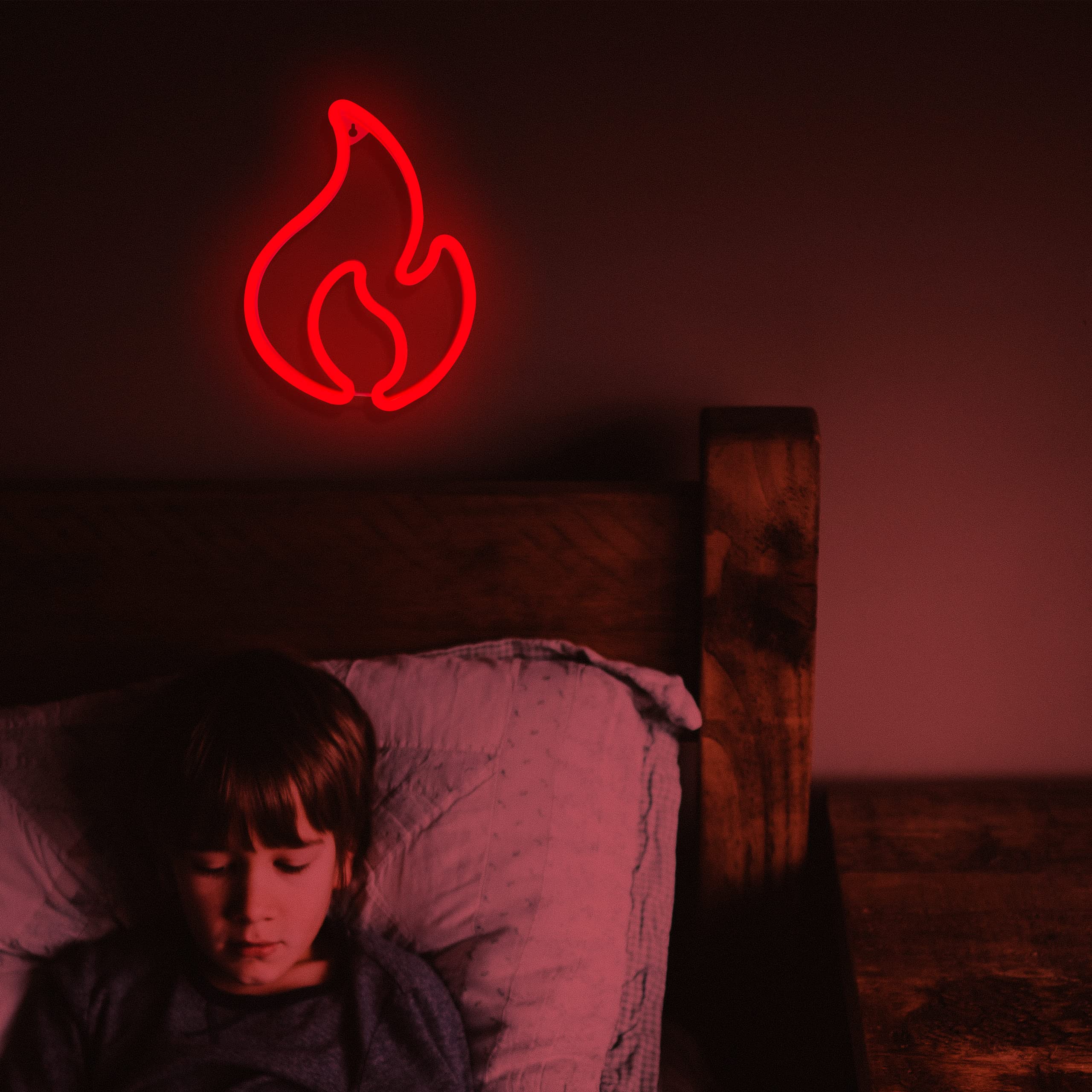 Flame Neon Sign - LED Wall Decor Light, Hanging Flame Shape, USB/Battery Powered Fire Neon Light for Kids Room, Boys Bedroom, Party, Bar & Birthday Decorations - Perfect for Themed Parties, Man Cave & Game Room Lighting