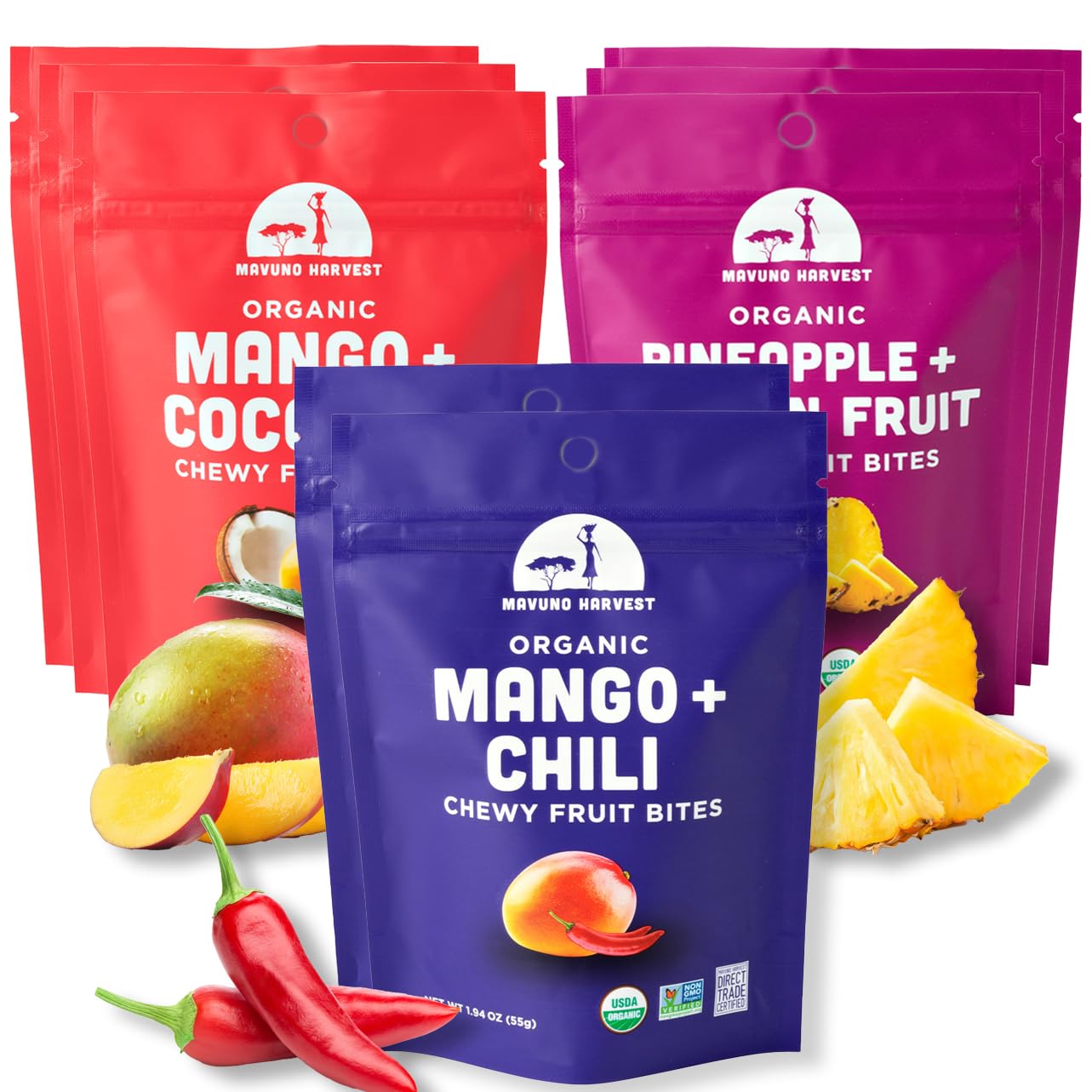 Organic Mavuno Harvest Chewy Fruit Snacks - Healthy Fiber-Rich Snack for Kids & Adults - Non-GMO, No Preservatives, Ethically Sourced - Variety Pack (8 x 1.94oz) - Perfect for Lunchboxes, Travel & On-the-Go Snacking