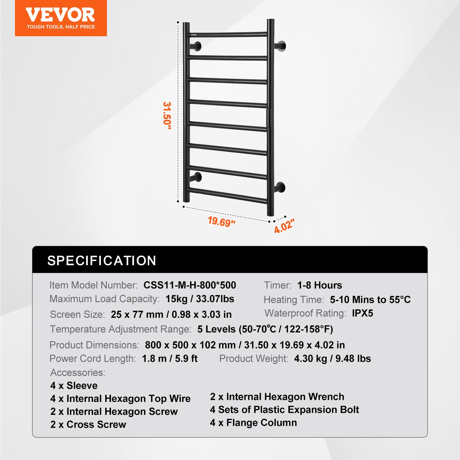 VEVOR 8-Bar Wall Mounted Heated Towel Rack for Bathroom - IPX5 Waterproof Towel Warmer with Timer, LED Display & 5 Adjustable Temperature Settings - Perfect for Spa, Luxury Hotels & Home Bathroom (Black)