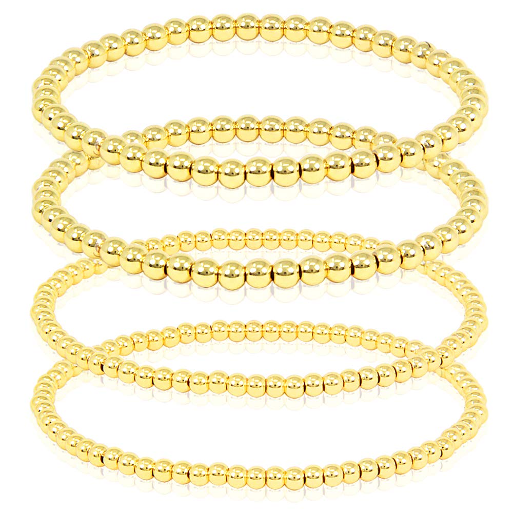 SM Stainless Steel Gold Silver Rose Gold Beaded Ball Bracelets 4PCS Set for Women - Stretchable Elastic Bracelet (4mm+3mm) - Perfect for Casual Wear, Parties & Gifts