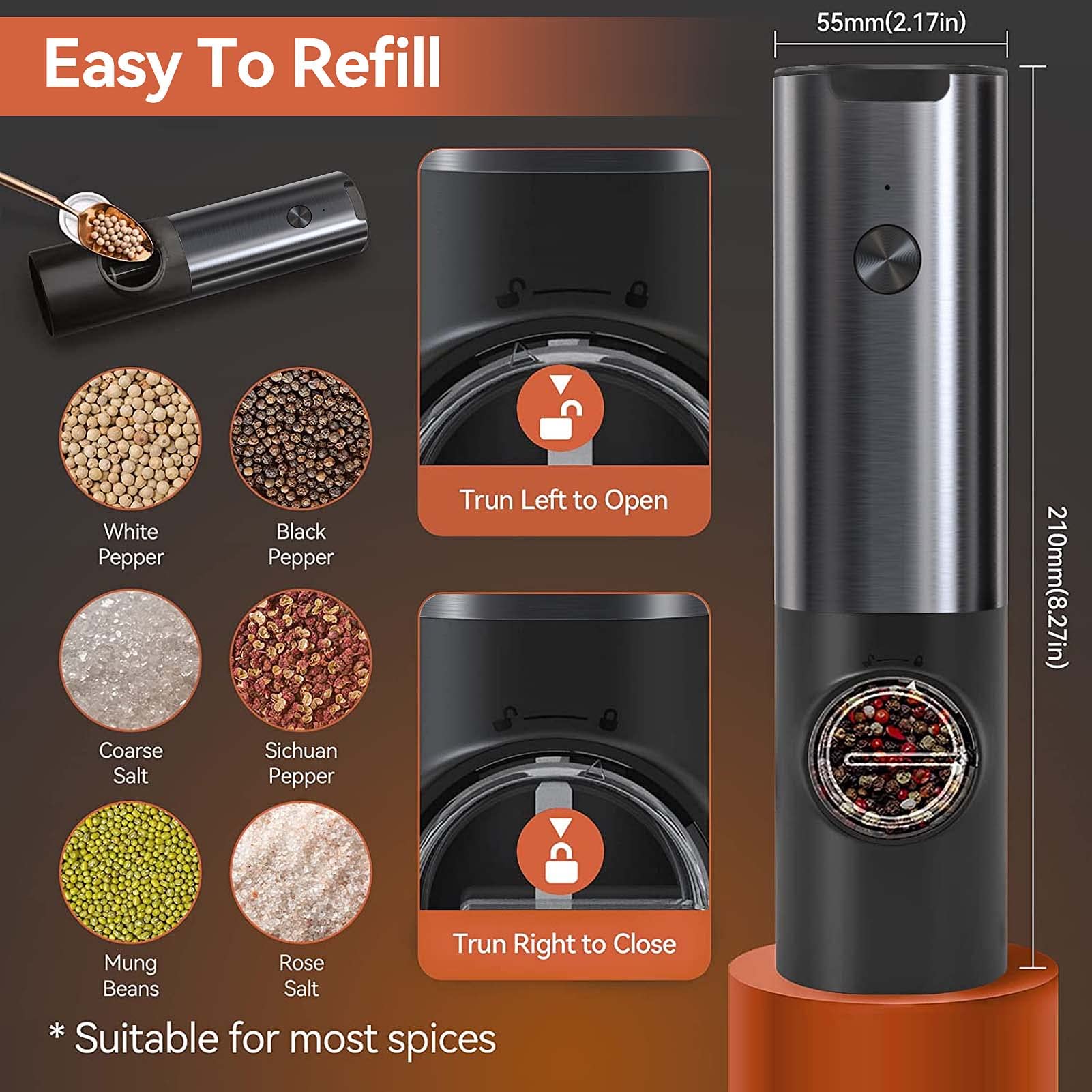 Rechargeable Electric Salt and Pepper Grinder Set - Battery-Free, One-Hand Operation, Adjustable Coarseness, Stainless Steel Mill with LED Light - Perfect for Kitchen, Dining Table & Outdoor Cooking