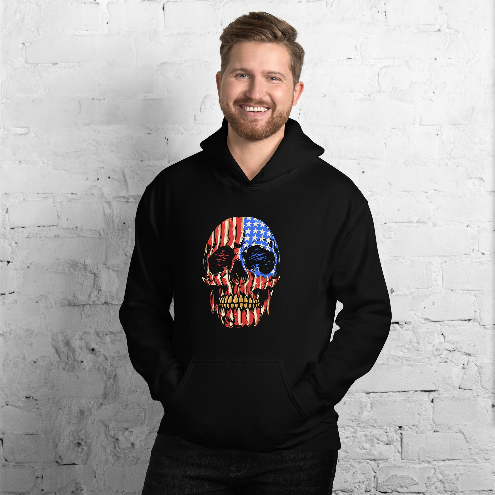 Patriotic American Flag Skull Hoodie - Men's & Women's Pullover Sweatshirt for Streetwear, Halloween, and Outdoor Activities