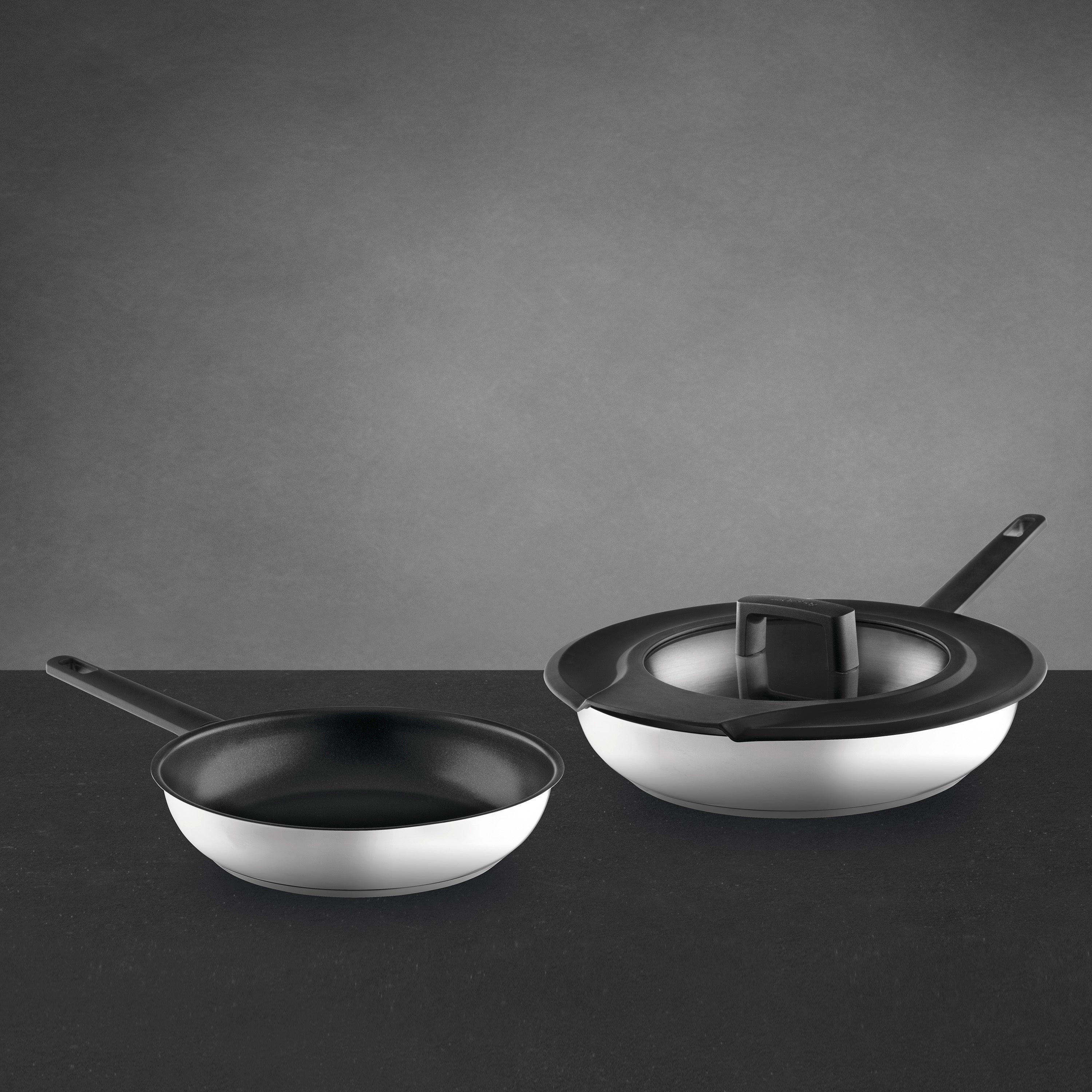 BergHOFF GEM 3-Piece Stainless Steel Fry Pan Set with Downdraft & Black Handles - 18/10 Cookware for Professional Home Cooking, Perfect for Sautéing, Frying & Stir-Frying