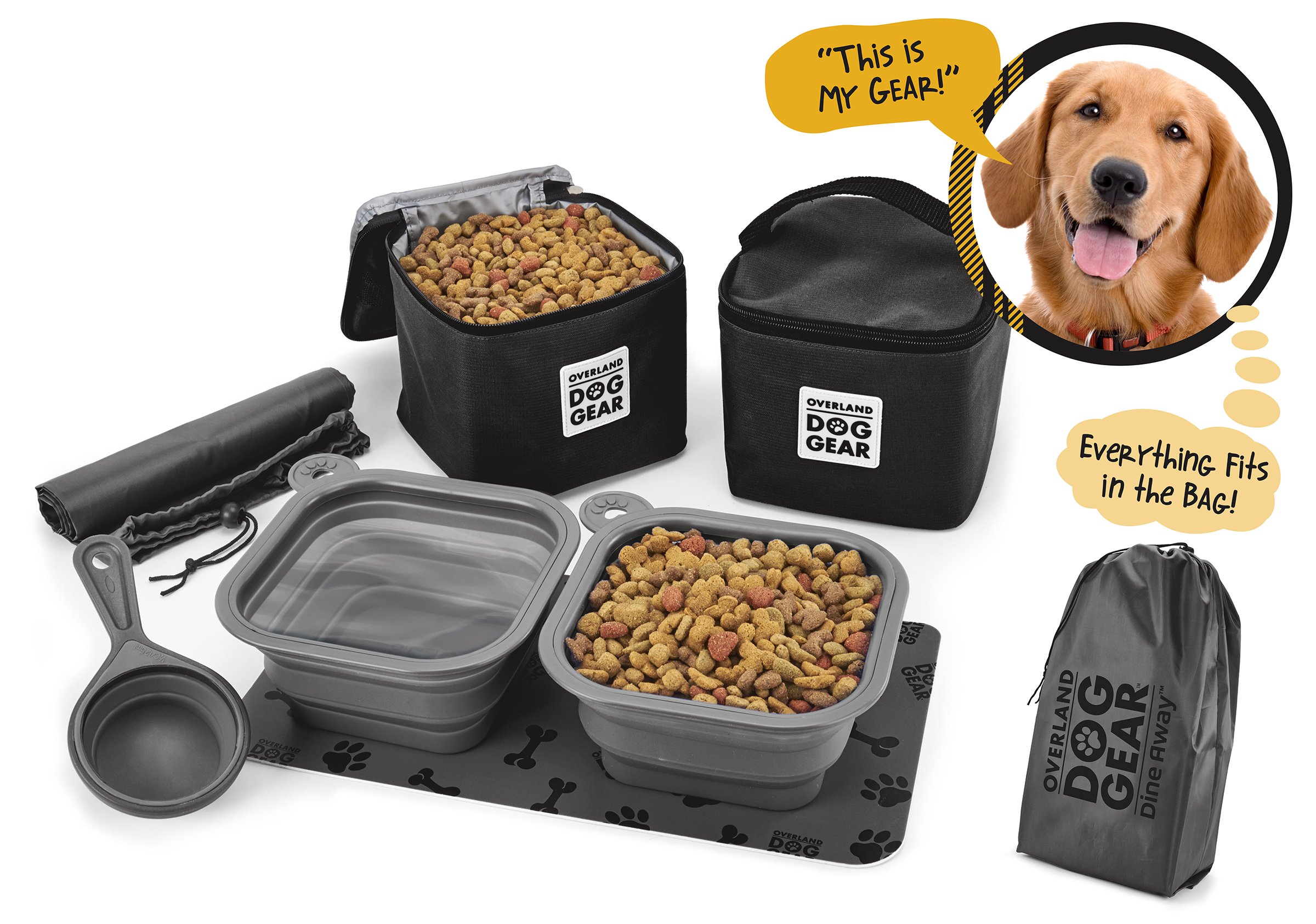 Premium Mobile Dog Gear - Dine Away Travel Bag for Medium & Large Dogs | Includes Lined Food Carriers, 2 Collapsible Bowls, Scooper & Placemat | Perfect for Road Trips, Camping & Outdoor Adventures (Black)
