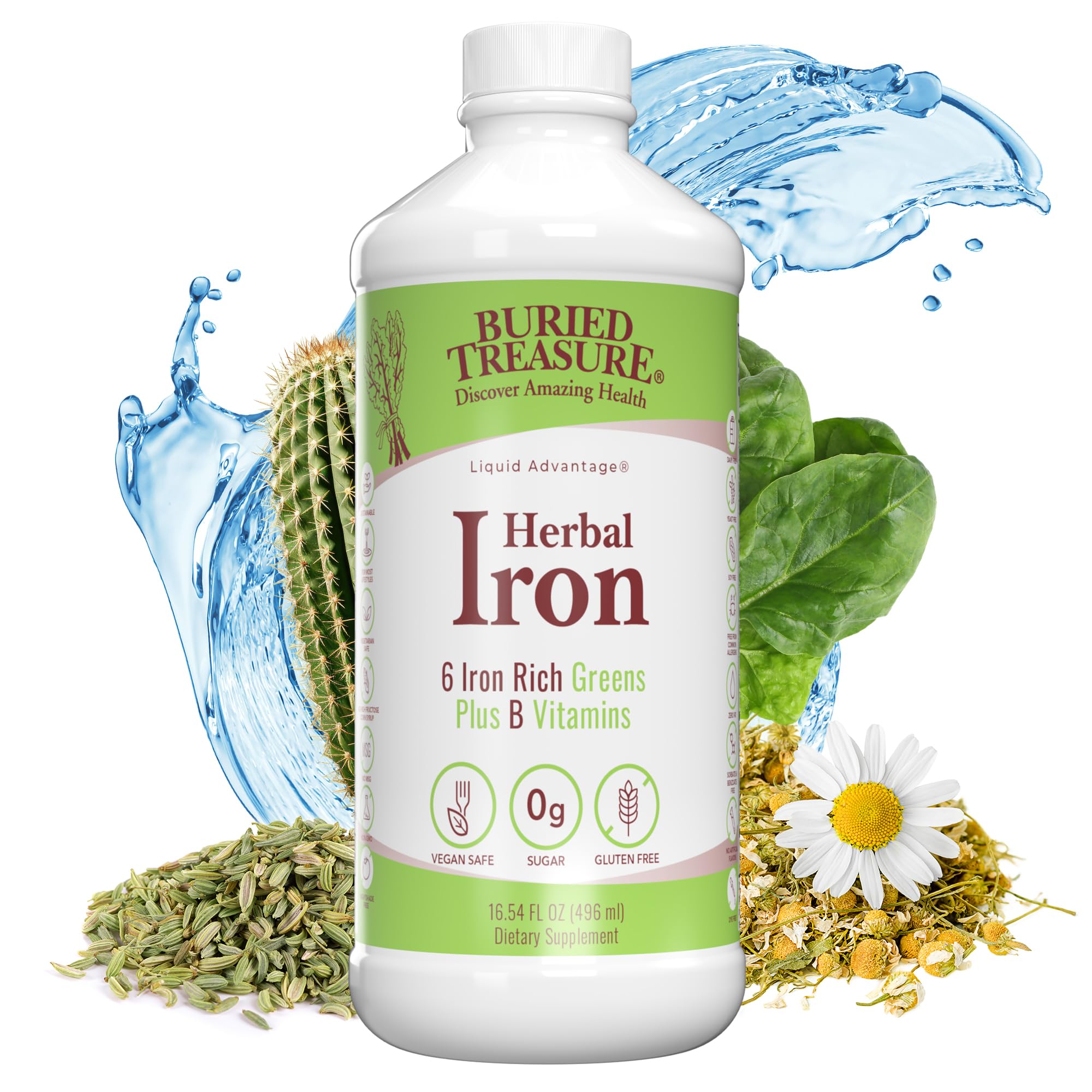 Buried Treasure Herbal Iron - 48 Servings | Liquid Iron Supplement with Vitamin C & B Complex | Vegan Iron for Men & Women | Supports Energy & Immunity | Great for Active Lifestyles & Vegetarian Diets
