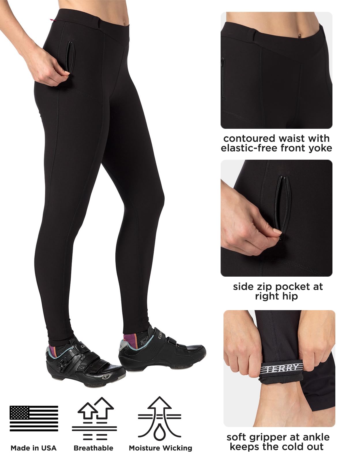 Women's Terry Coolweather Cycling Padded Tights - 29 Inch Inseam Thermal Biking Pants for Cold Weather | Perfect for Winter Cycling, Commuting & Outdoor Sports