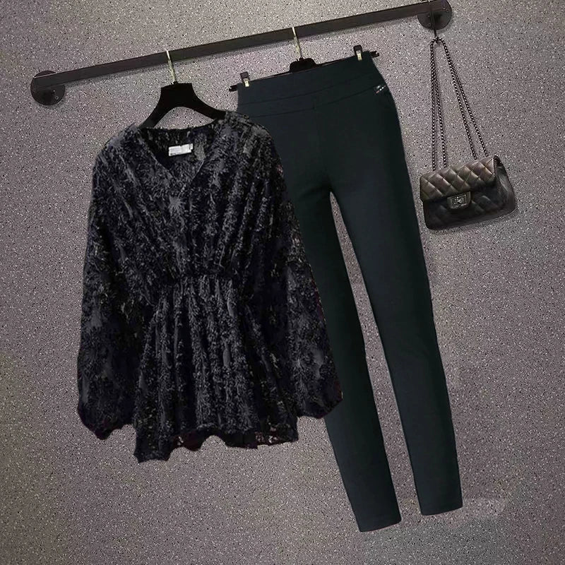 Elegant Lantern V-Neck Elastic Waist Top & Flocking Sleeve Blouse with Ankle-Length Pants - Women's Autumn Winter Two-Piece Set for Office, Party & Holiday Outfits