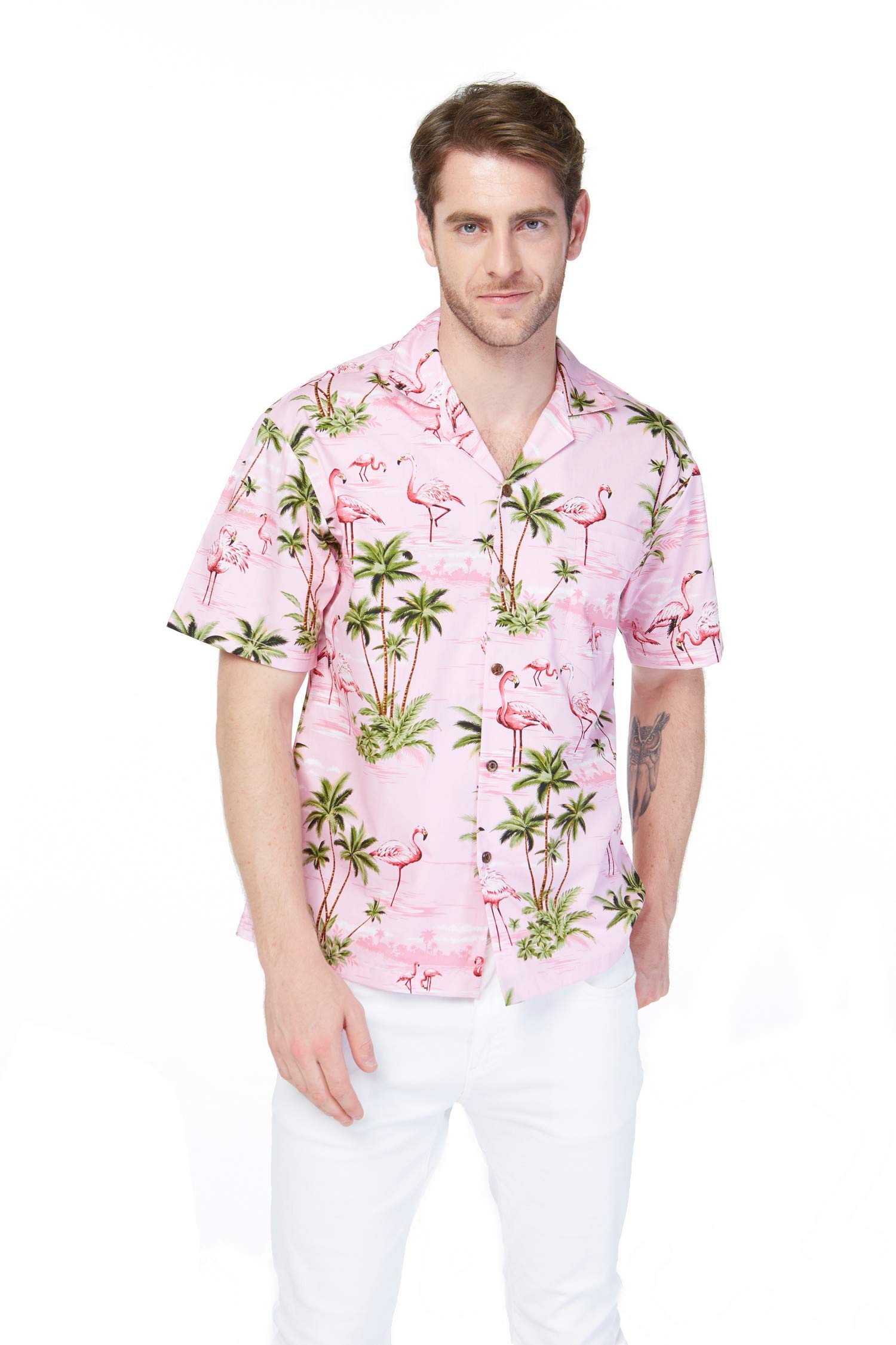 Hawaiian Couple Matching Aloha Shirts - Pink Flamingo Print Turquoise Luau Shirts for Him & Her | Beach Vacation, Summer Party, Hawaiian Theme Wedding Attire