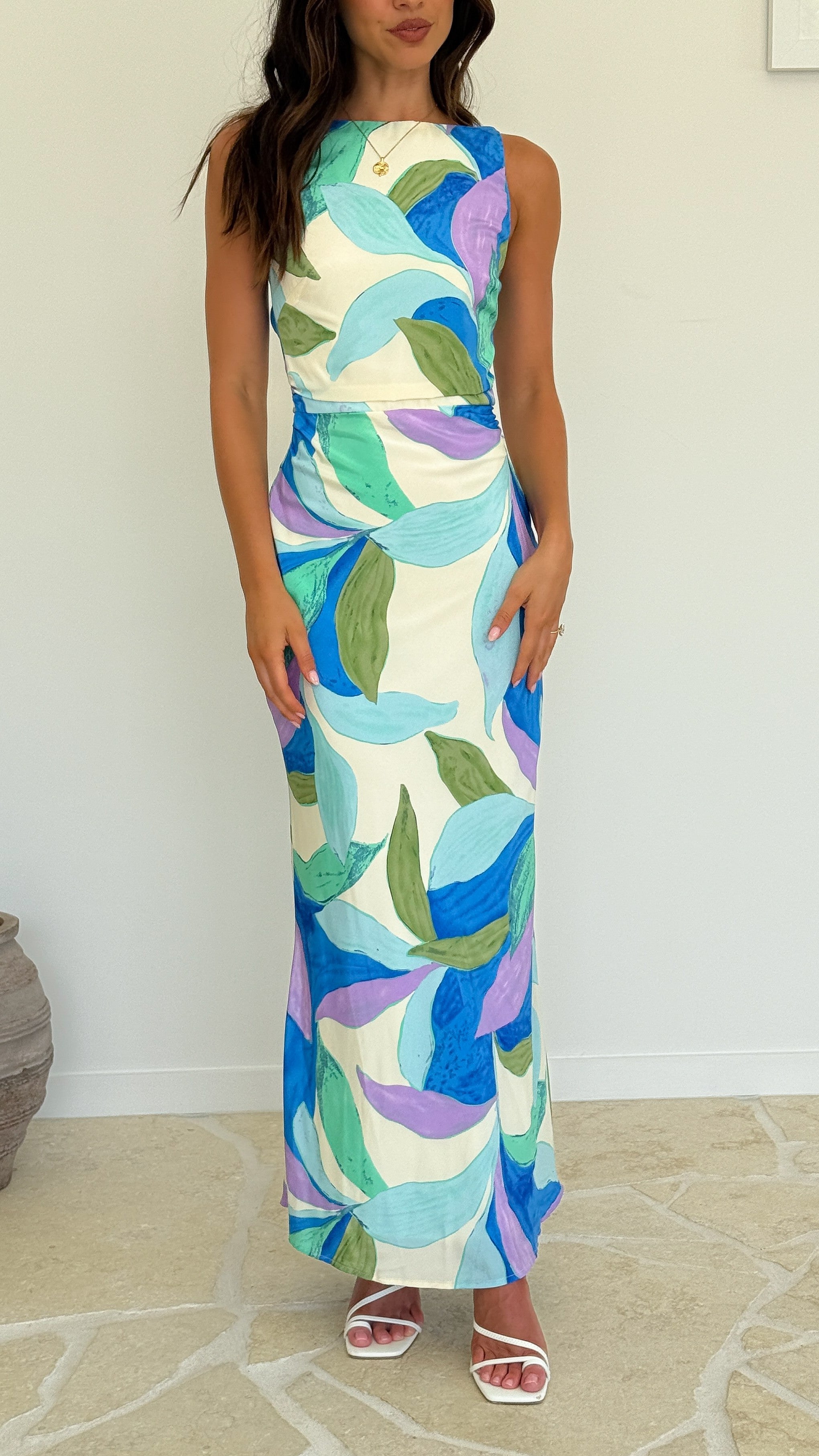 Helenie Maxi Dress for Women - Flowy Blue & Green Floral Summer Dress - Perfect for Beach Vacations, Parties & Casual Outings