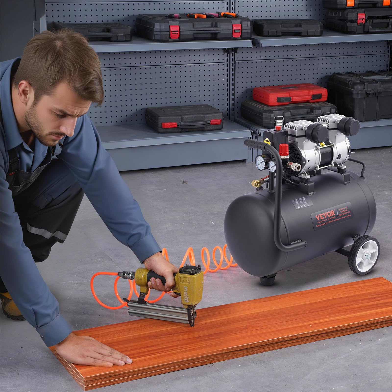 VEVOR 8 Gallon Steel Tank Air Compressor, 1HP 2.2 CFM@90 PSI Oil-Free, 120PSI Max Pressure, 80dB Ultra Quiet Portable Compressor for Auto Repair, Tire Inflation, Spray Painting - Ideal for Home Garage, DIY Projects, and Professional Workshops