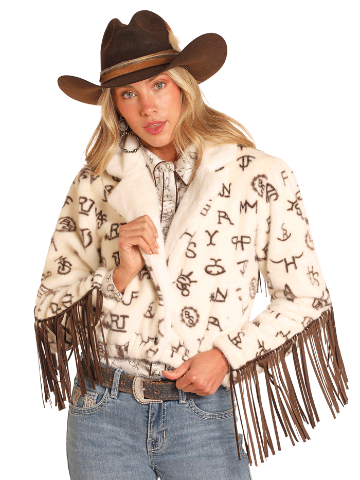 Panhandle DW92C04146 Women's Cowhide Leather Jacket with Fur Fringe - Natural Brown Western Style Coat for Rodeo, Country Music Festivals & Outdoor Adventures