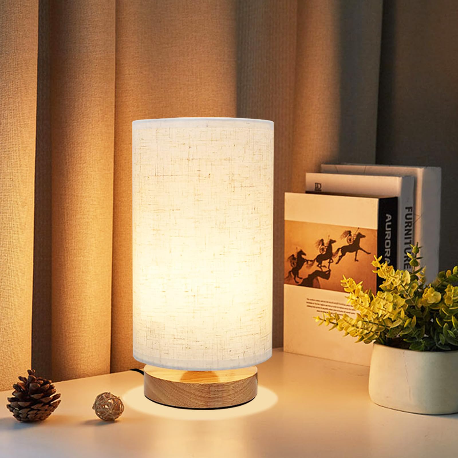Minimalist Wood Base Round Fabric Shade Small Bedside Table Lamp - Warm White Cozy Nightstand Light for Bedroom, Study Desk, Dorm, Nursery & Living Room | Perfect for Reading, Relaxing & Creating Ambiance