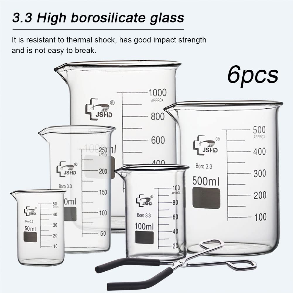 6PCS Borosilicate Glass Measuring Beaker Set (50ml 100ml 250ml 500ml 1000ml) with Steel Chromed Tongs - Lab Grade 3.3 Glass Beakers for Chemistry Experiments, Kitchen Measuring & Science Classrooms