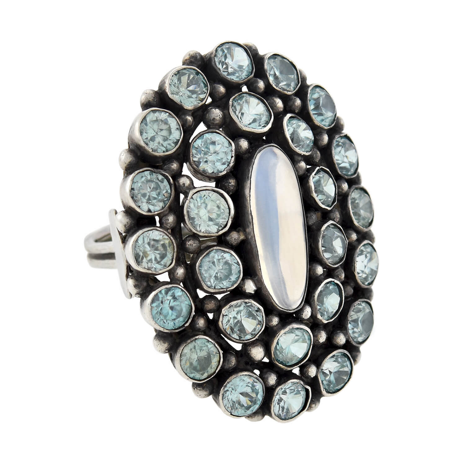 Vintage Sterling Silver Blue Zircon & Moonstone Cluster Ring - Elegant Bohemian Jewelry for Women, Perfect for Weddings, Parties & Special Occasions