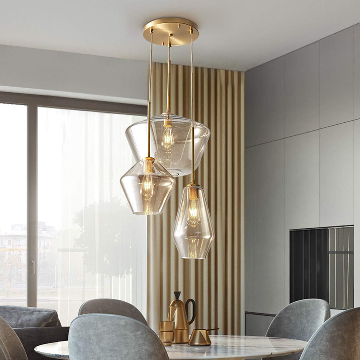 Modern Champagne Gold Glass 3-Light Pendant Chandelier - Adjustable Height Flush Mount Ceiling Light Fixture for Kitchen Island, Dining Room, Coffee Bar & Living Room | Elegant Linear Lighting for Home & Restaurant Decor