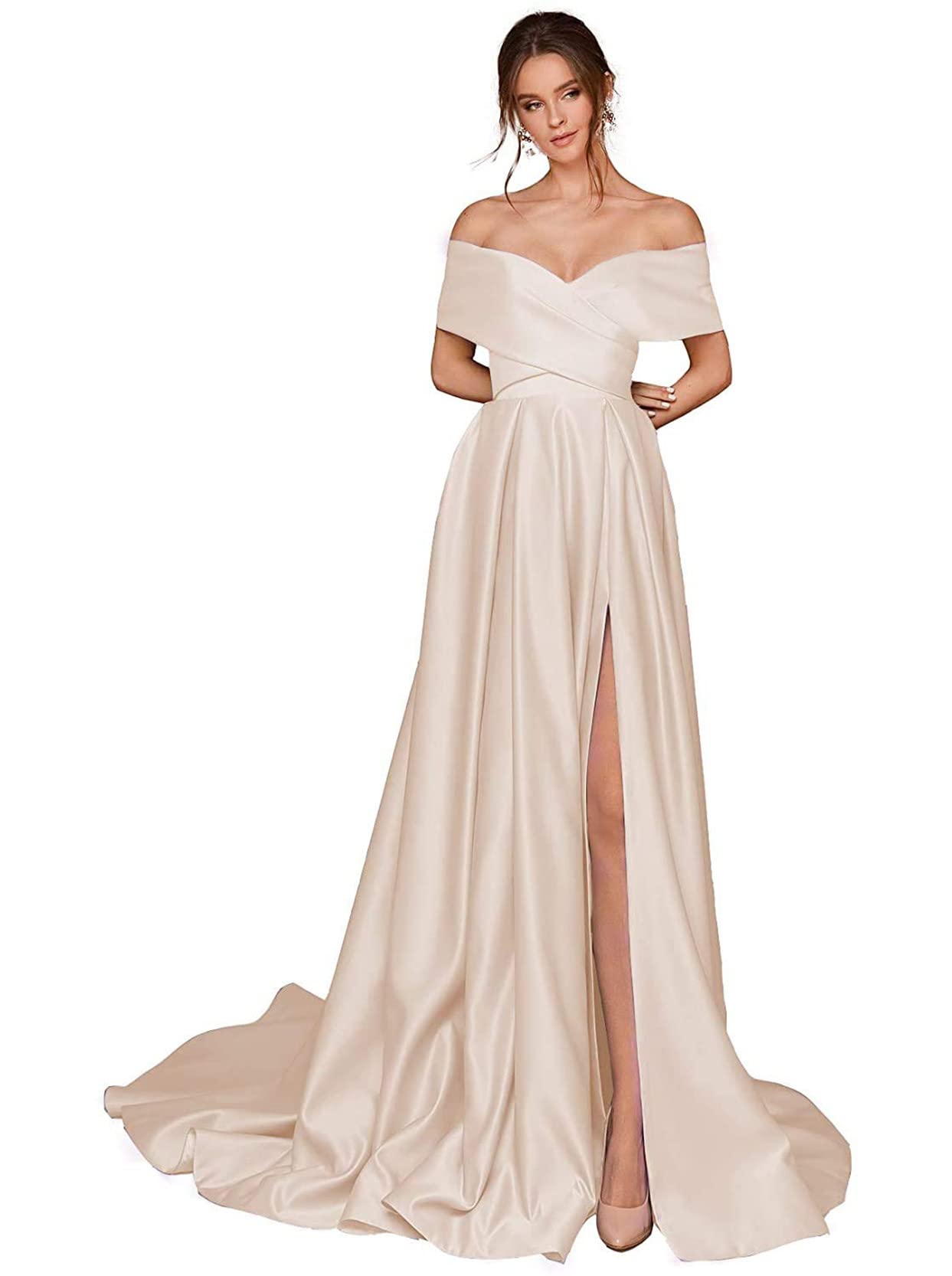 Elegant Off-The-Shoulder Prom Dress for Women - Long Satin A-Line Formal Gown with Side Slit & Hidden Pocket | Perfect for Evening Parties, Homecoming, Weddings & Special Occasions