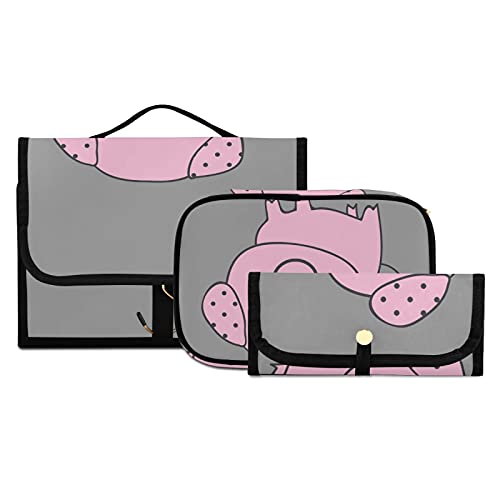 3-Piece Pink Pig Lying on Grey Cosmetic Set - Women's Travel Makeup Bag, Hanging Toiletry Organizer & Pencil Case | Portable Brush Storage for Vacation, Gym & Daily Use