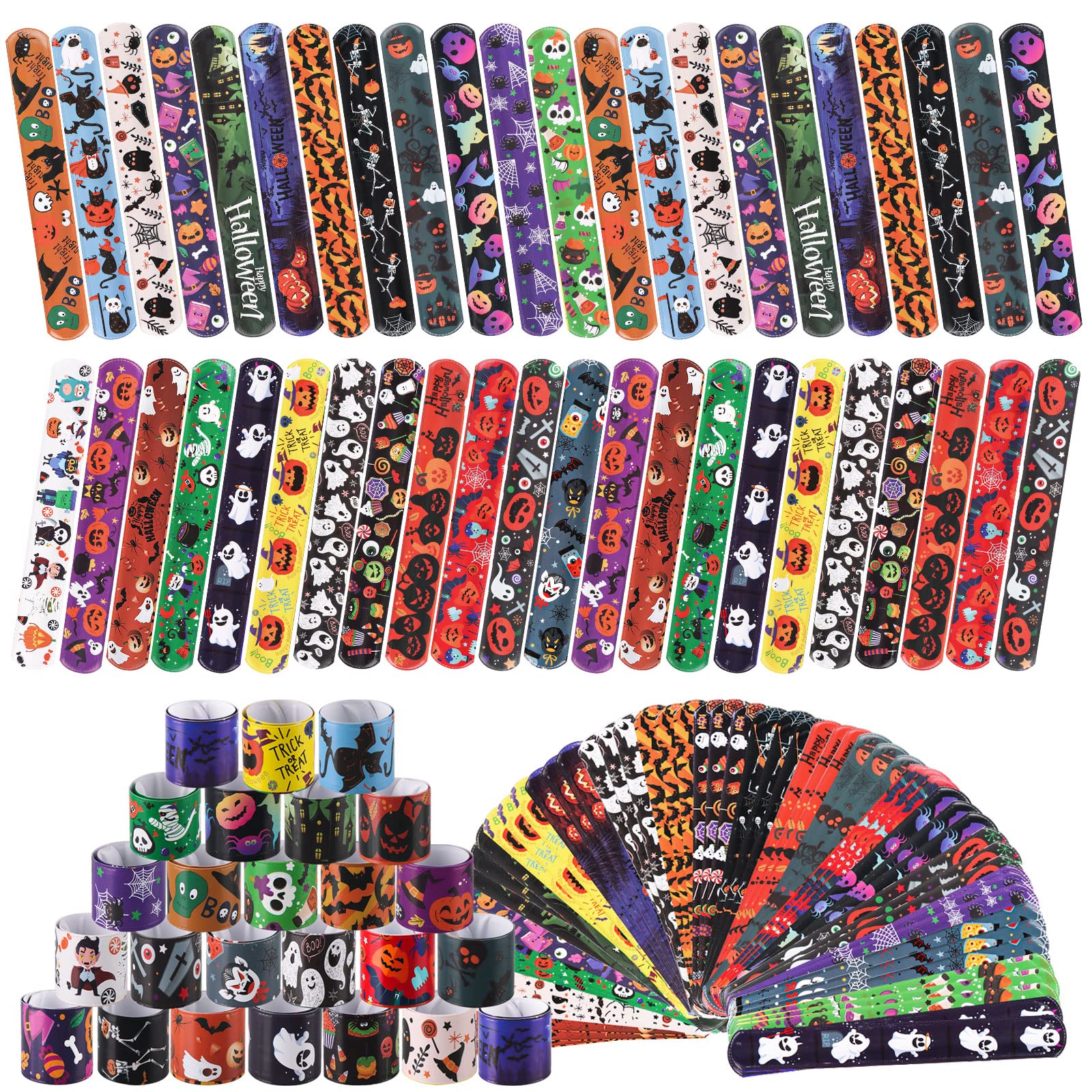 72PCS Halloween Slap Bracelets for Kids - 24 Fun Designs, Bulk Snap Bracelets for Trick or Treat, Party Favors, Classroom Prizes & Gift Exchange - Perfect for Halloween Parties, School Events & Costume Accessories