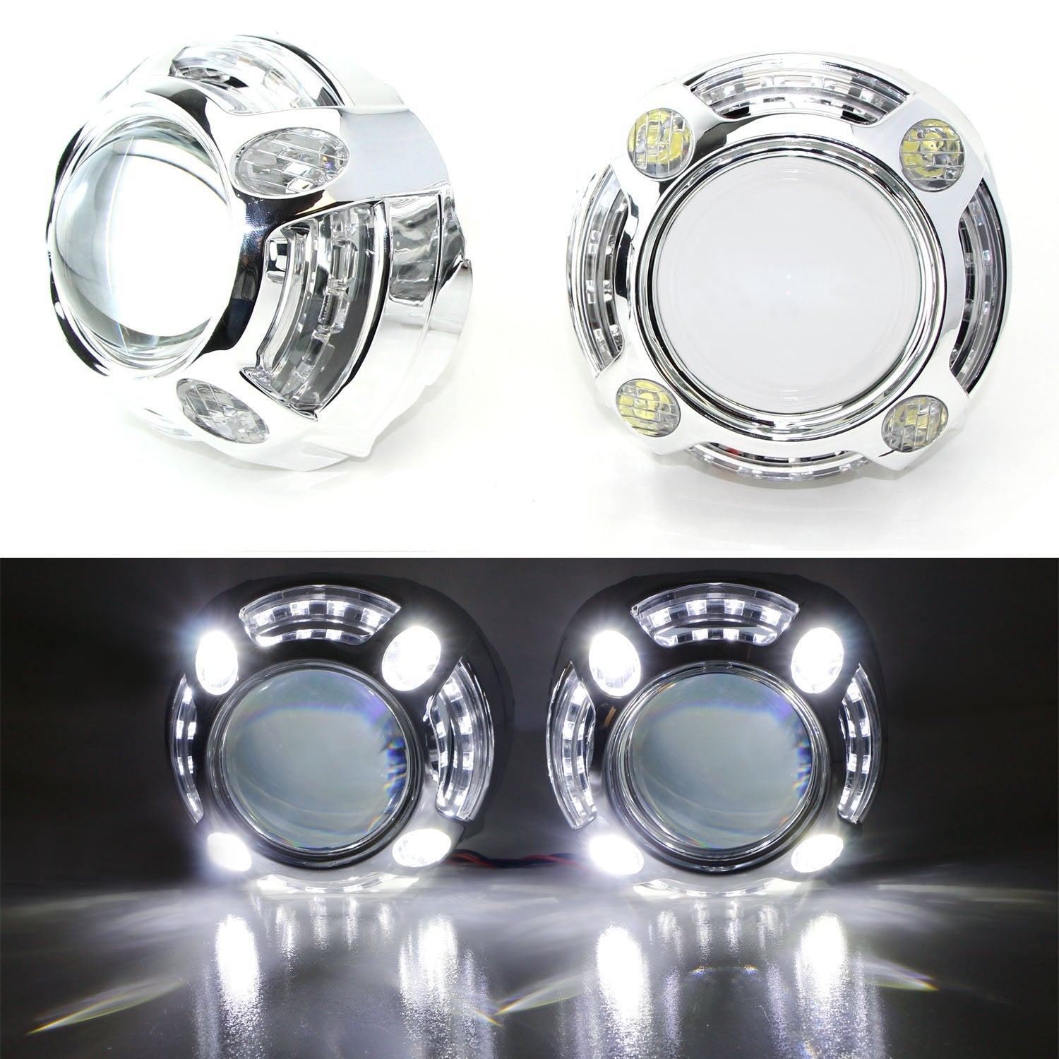 3.0 H1 Bi-Xenon Projector Headlight Lens with Porsche Style 4 LED DRL Shroud - Upgrade Your Car Lighting for Night Driving & Enhanced Visibility