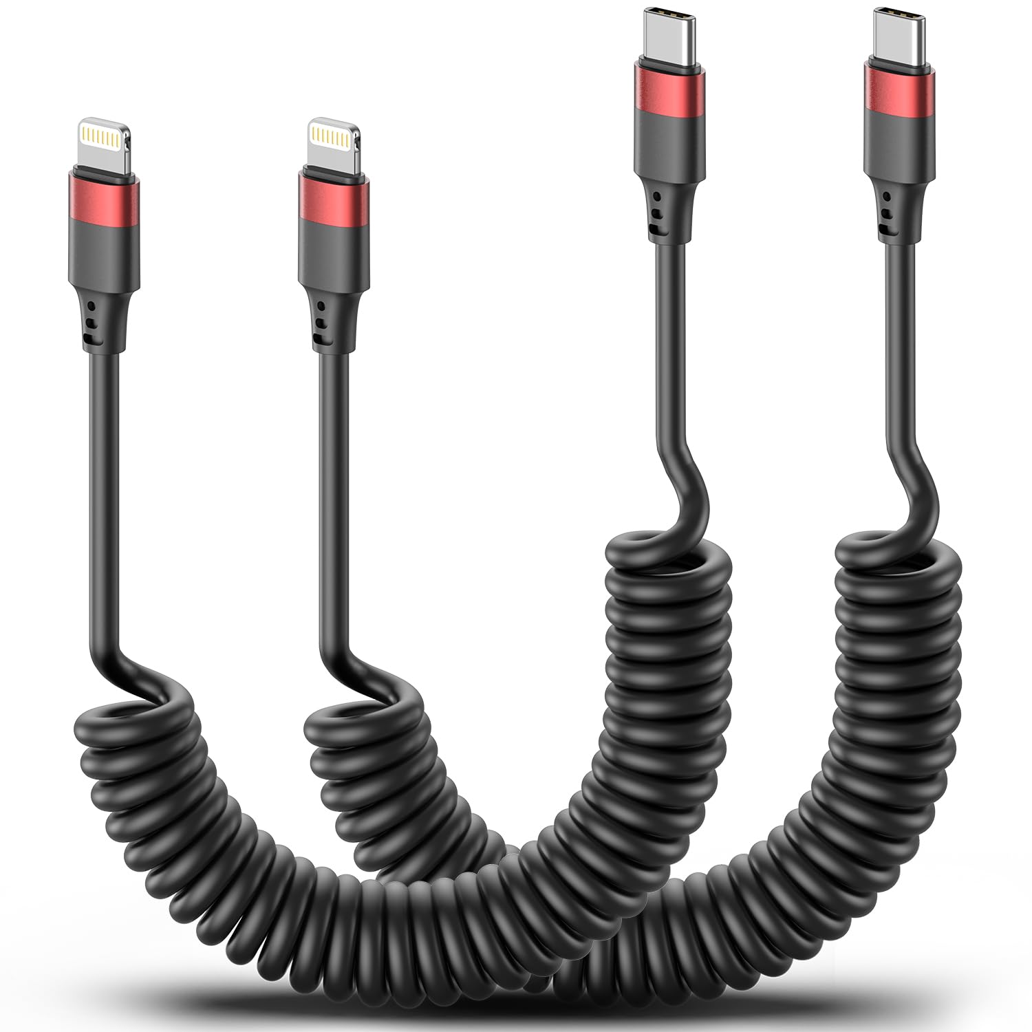 2 Pack Retractable USB C to Lightning Cable Coiled - PD Fast Charging Cord for iPhone 14/13/12/11 Pro Max/Mini/10/8/7 Plus/XR/XS/SE & AirPods - Perfect for Car, Home & Travel Charging